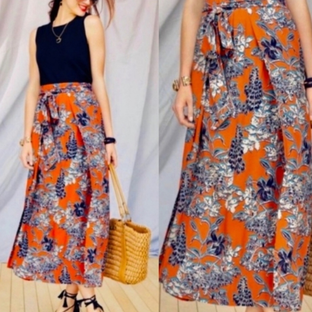 CABi Calypso Paradise Orange Navy Floral Tropical Hawaiian Maxi Skirt SzM #5250